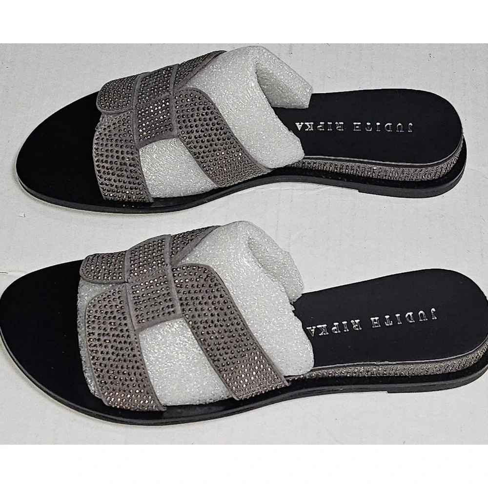Judith‎ Ripka Sloane Pewter Rhinestone Embellished Slide Sandals A276371 Size 5M